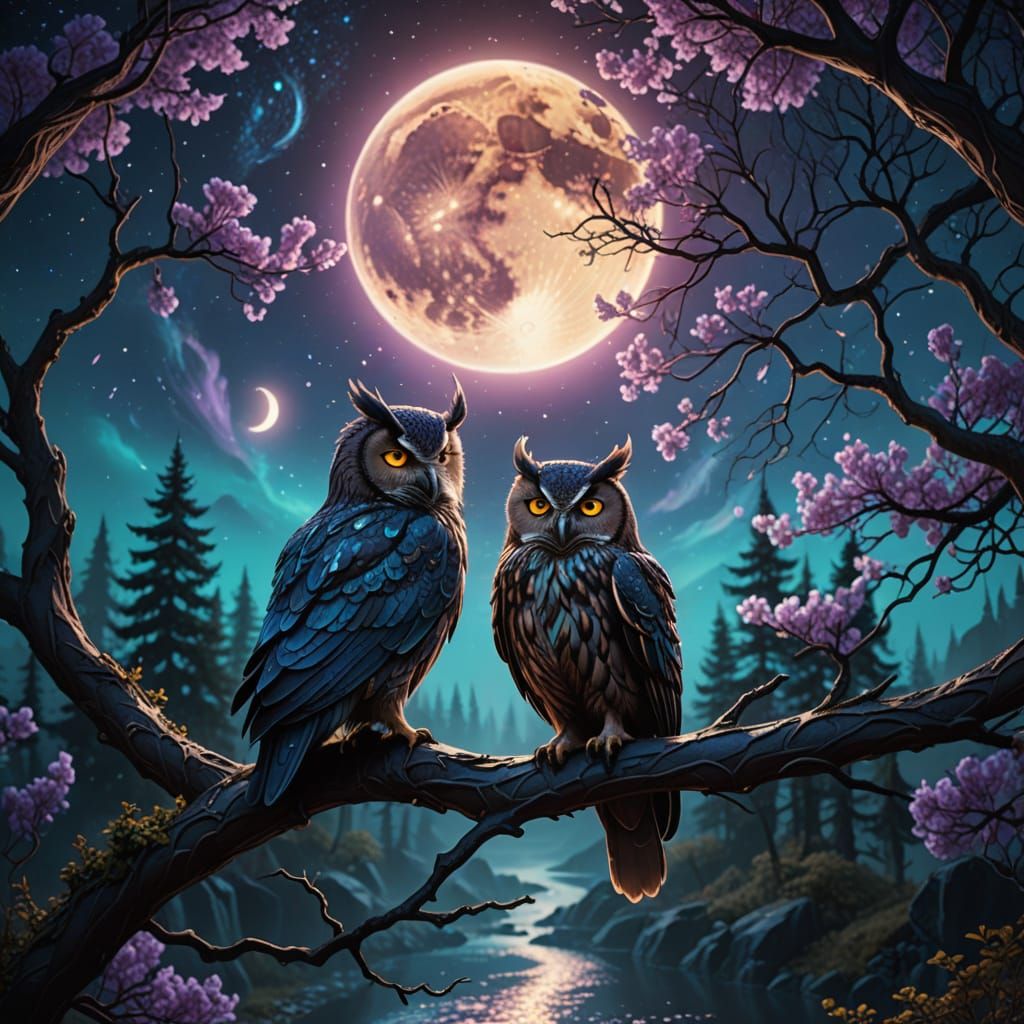 Moonlit Night Owl's Lament in a Whimsical Fantasy Realm