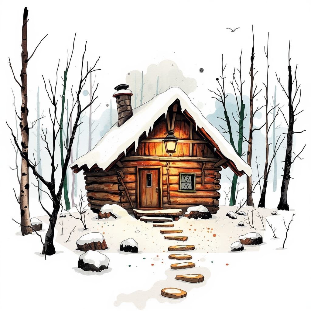 Cozy wooden cabin in the snow
In the style of Chaotic & Sporadic