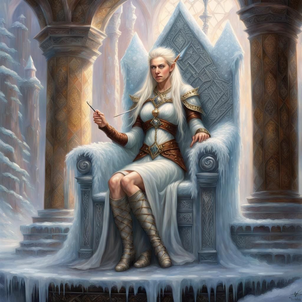 Albino Elf Queen on Ice Throne in Ethereal Fantasy