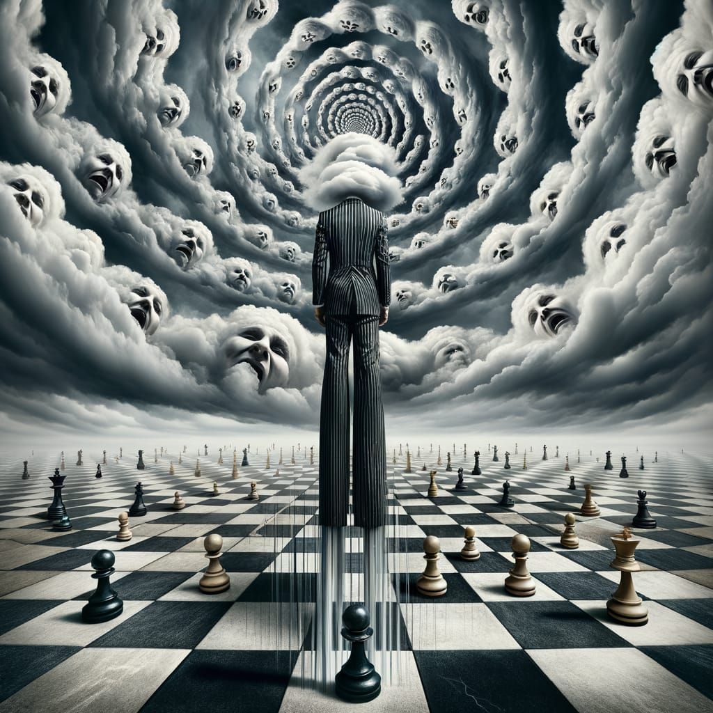 Surreal Chessboard Landscape with Circus Performer