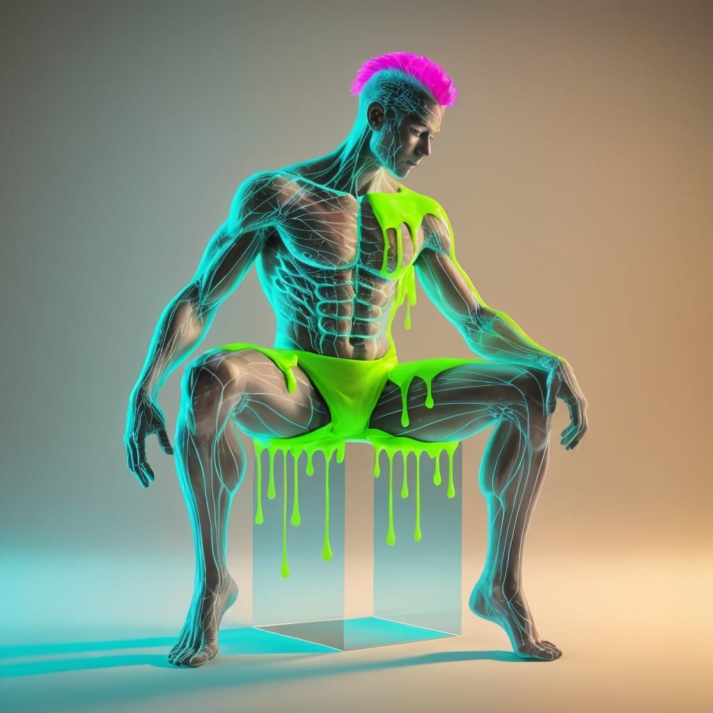 Glowing Neon Tattooed Man in Cyberpunk Transparency