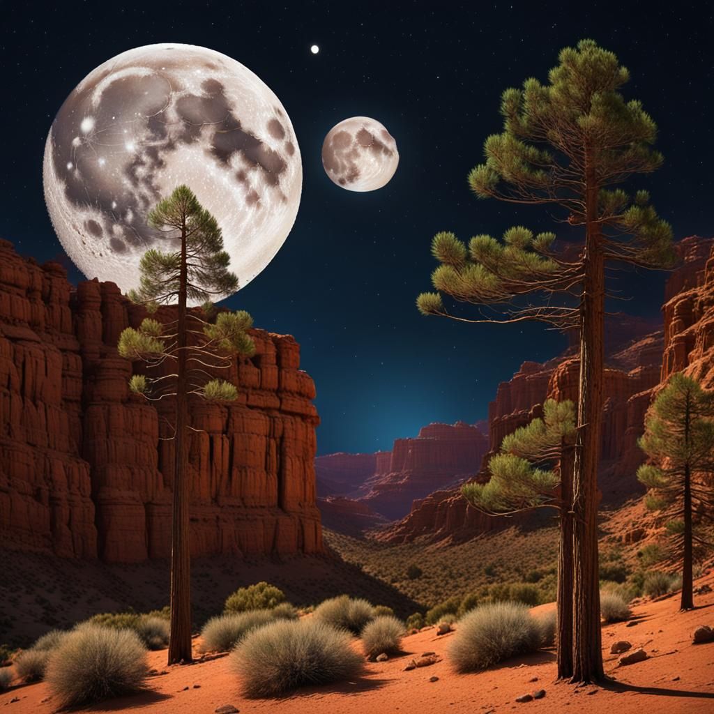 Double Full Moon Over Desert Canyon