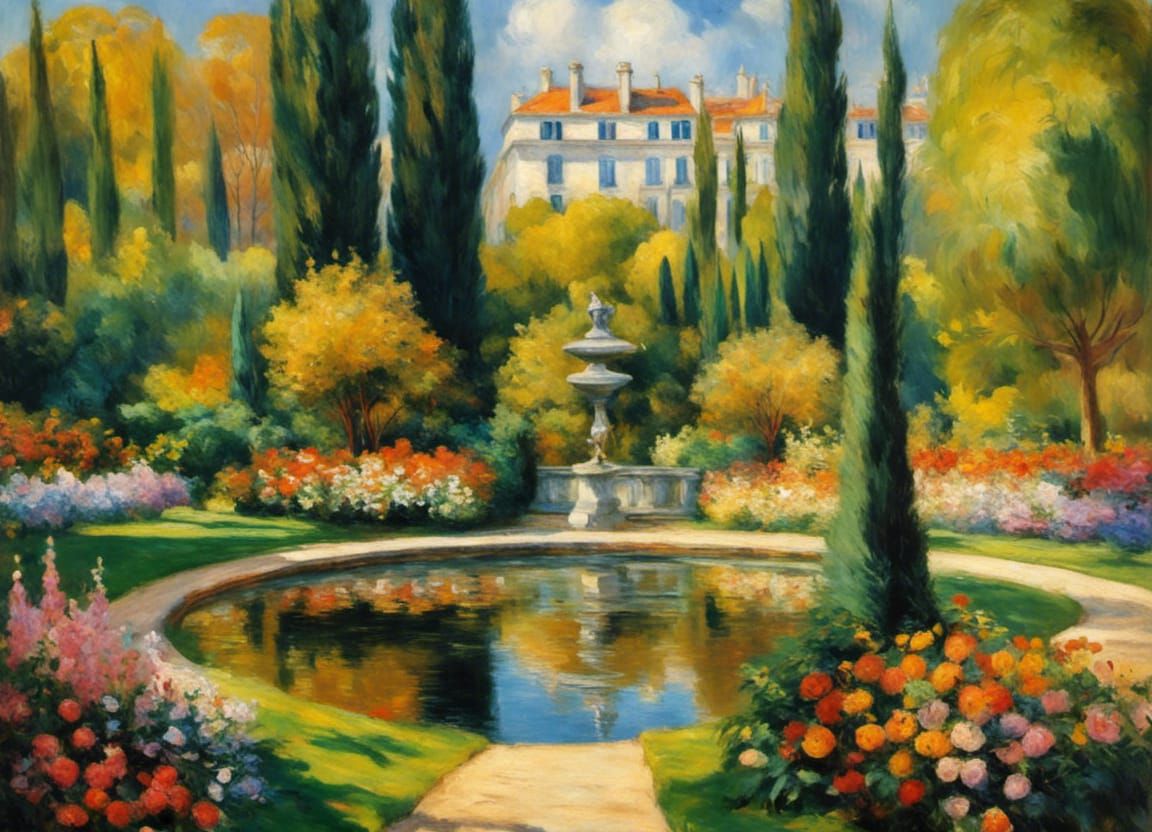 Renoir-Inspired Garden with Pond and Winding Paths