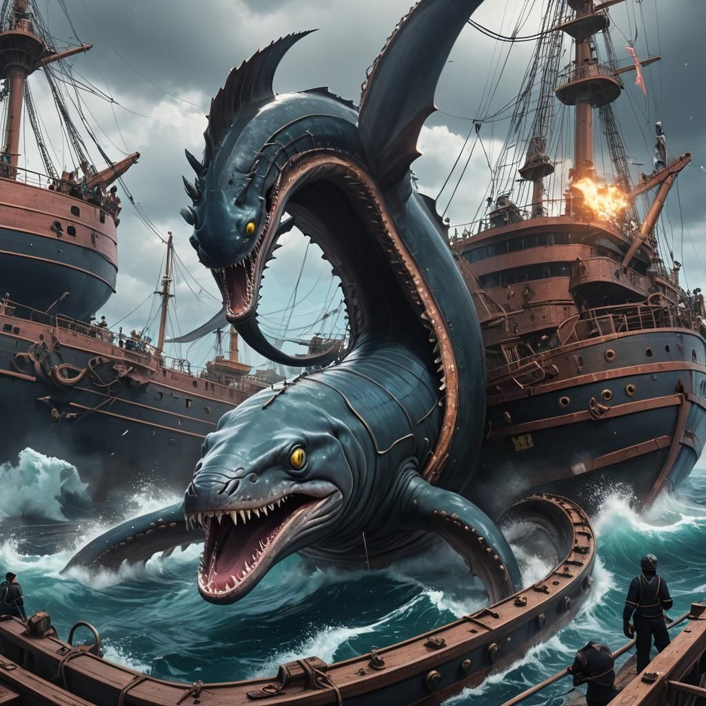 Giant Moray Eel Leviathan Attacks Ship: 3D Anime Art
