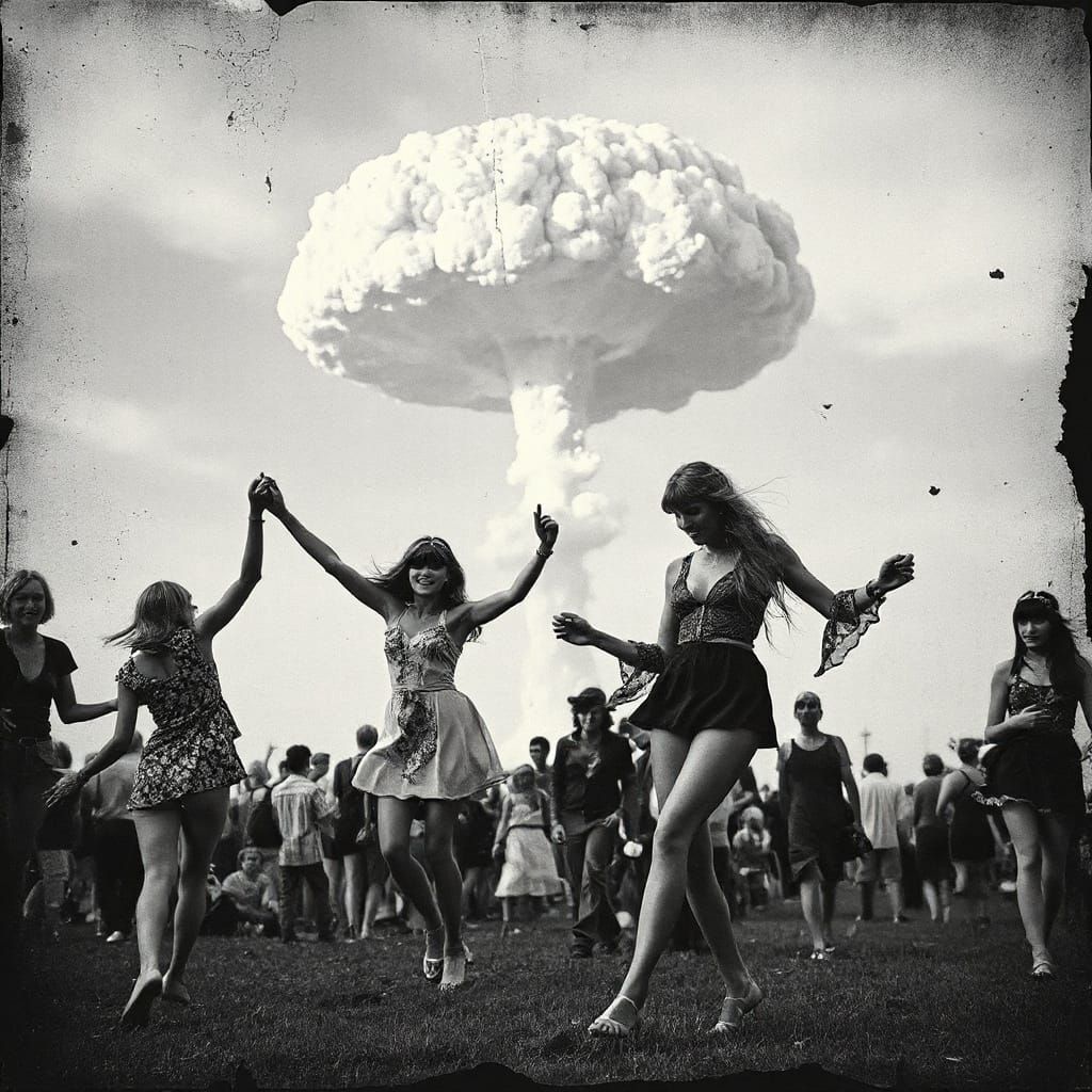 Hippie Girls Dancing Amidst Mushroom Cloud at Woodstock