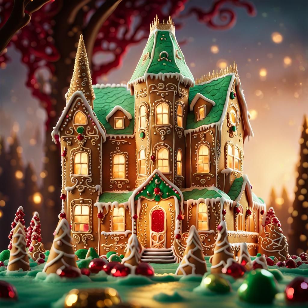 Whimsical Gingerbread Mansion in Golden Light