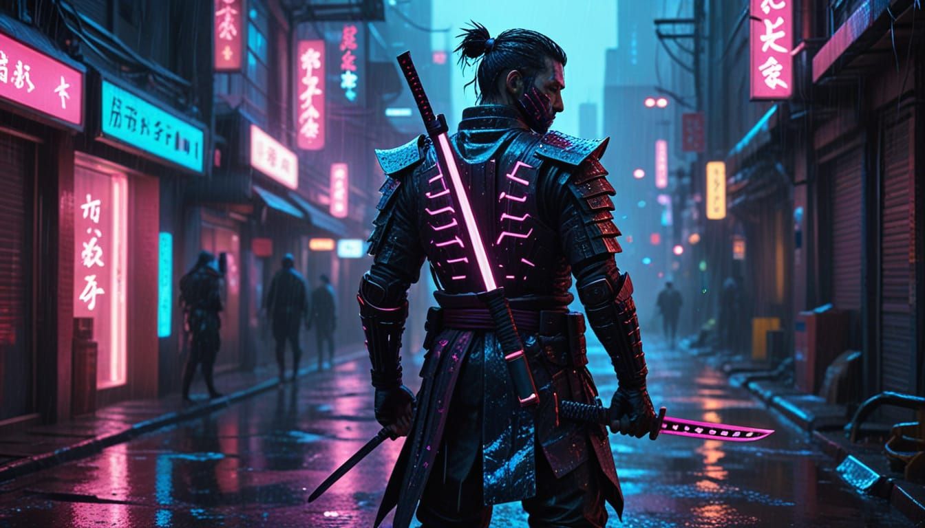 Cyberpunk Samurai with Glowing Katana in Neon Alley