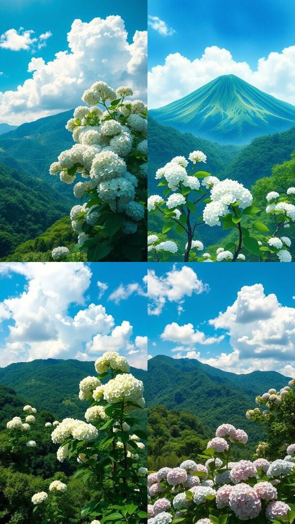 Serene Mountain Landscape with White Hydrangea Blossoms