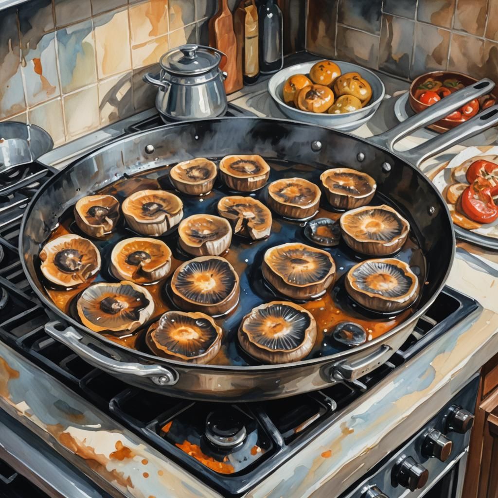 Portabella Mushrooms Cooked as Gouache Painting