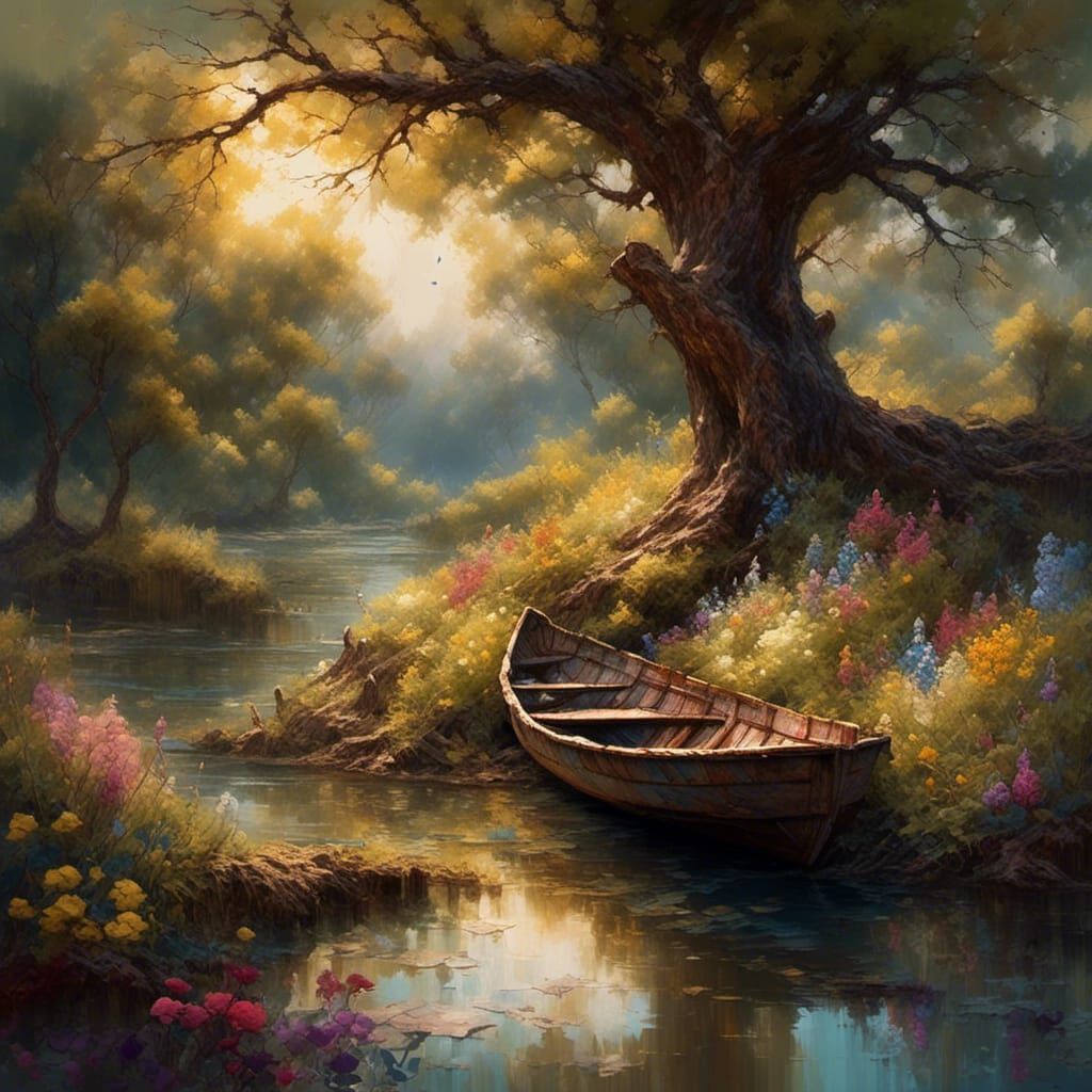 Rowboat Under Oak Tree in Encaustic Style