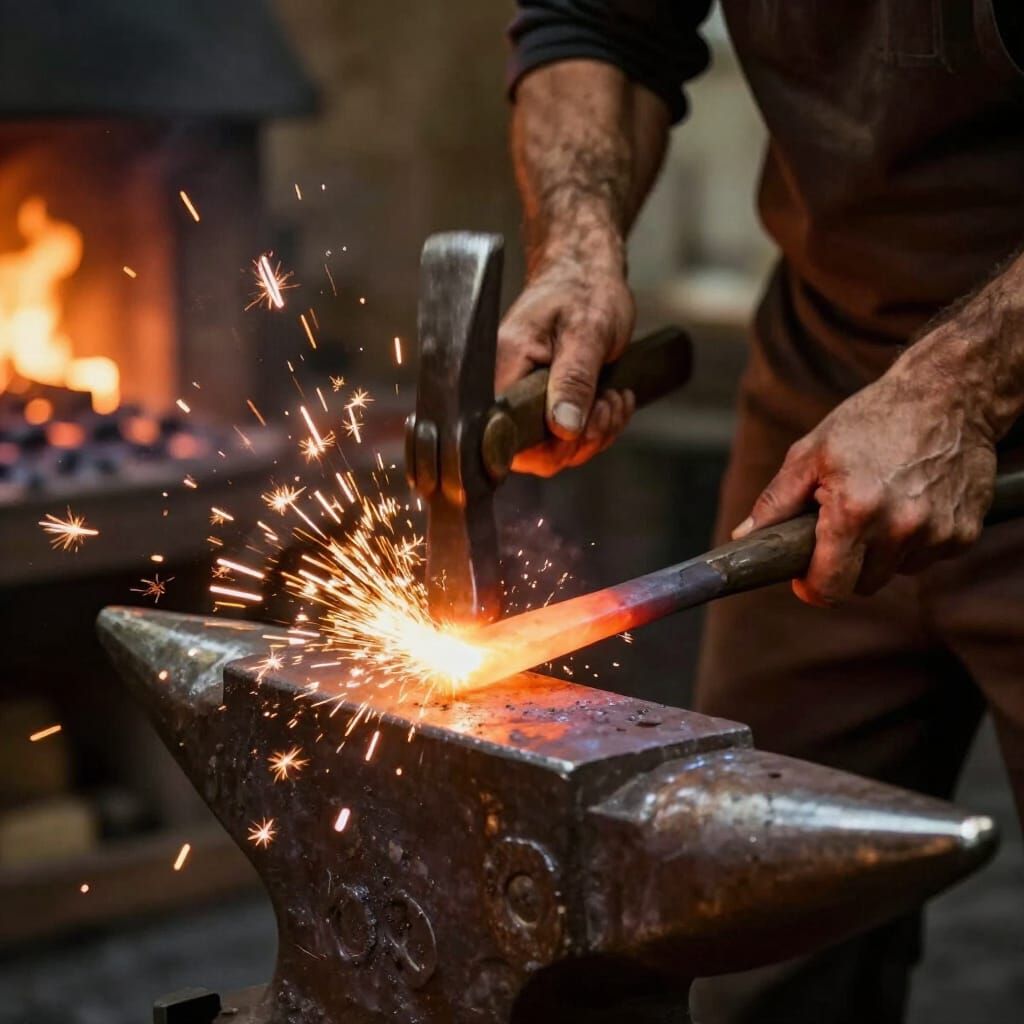 Blacksmith Hands Hammer Glowing Metal on Anvil