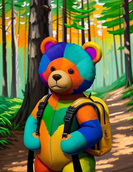 An adventurous teddy bear exploring the outdoors with a tiny...