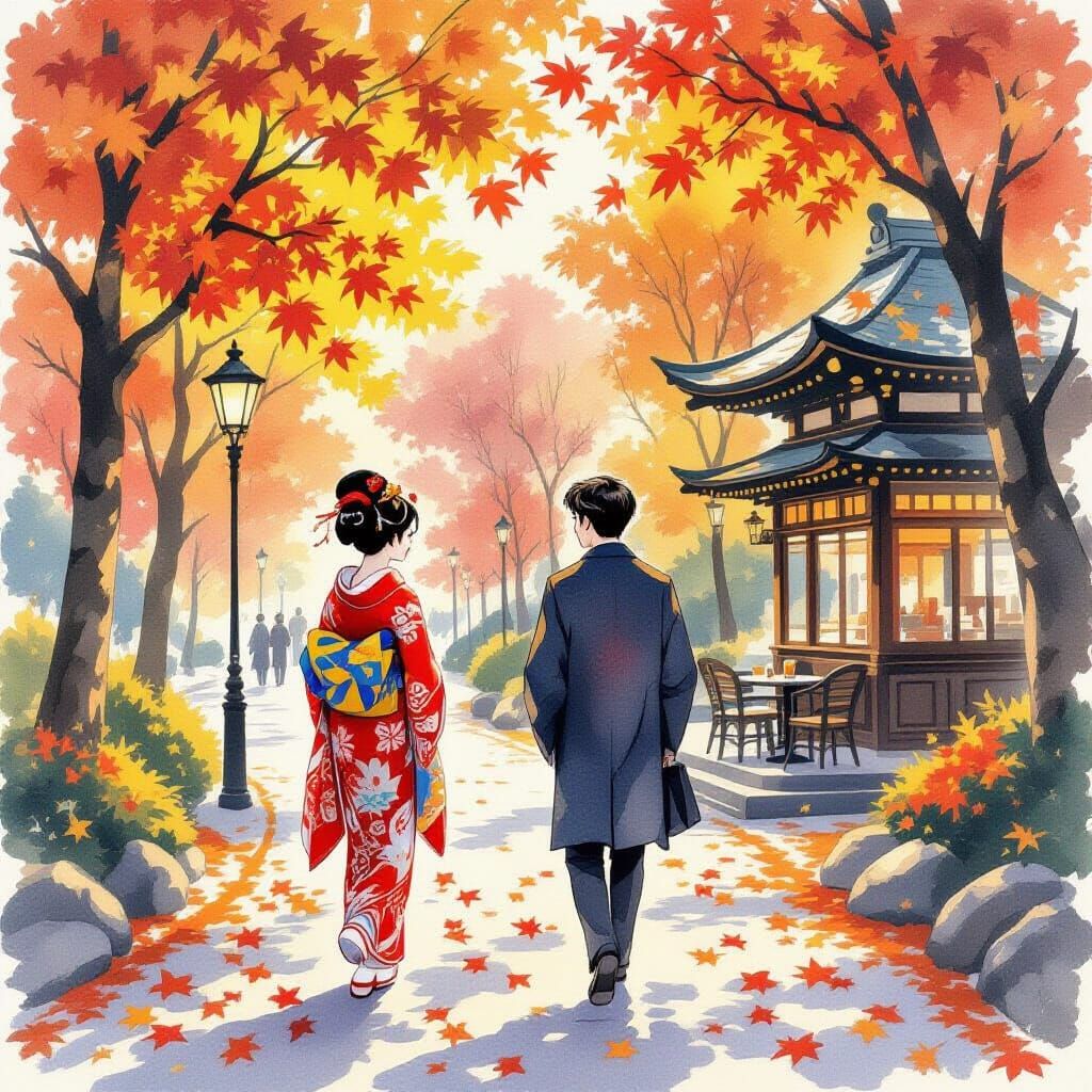 Geisha and Man in Autumn Park, Art Nouveau Style