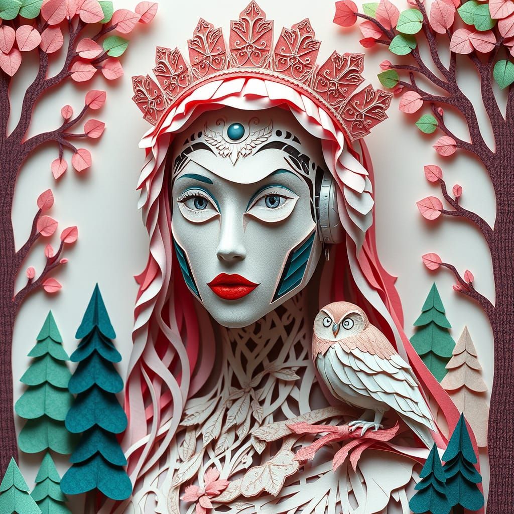 Paper Robot Queen with Owl and Trees in Pastel Colors