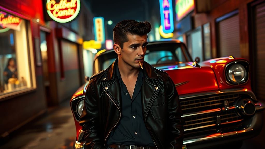 Greaser with Chevy Bel Air in Film Noir Style