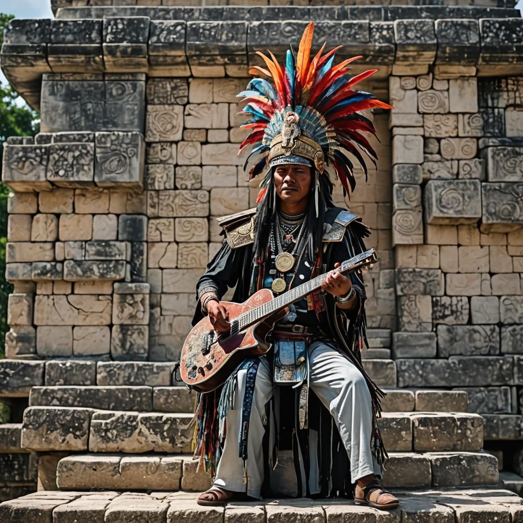 Mayan Warrior Guitarist at Chichen Itza: Cinematic Scene