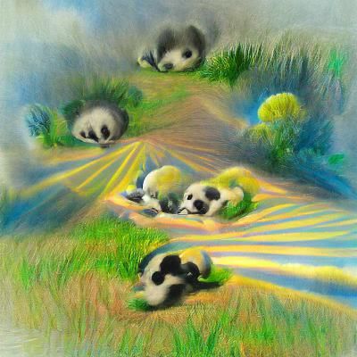 Baby Pandas in Spring Meadow: Charcoal Hyperrealism