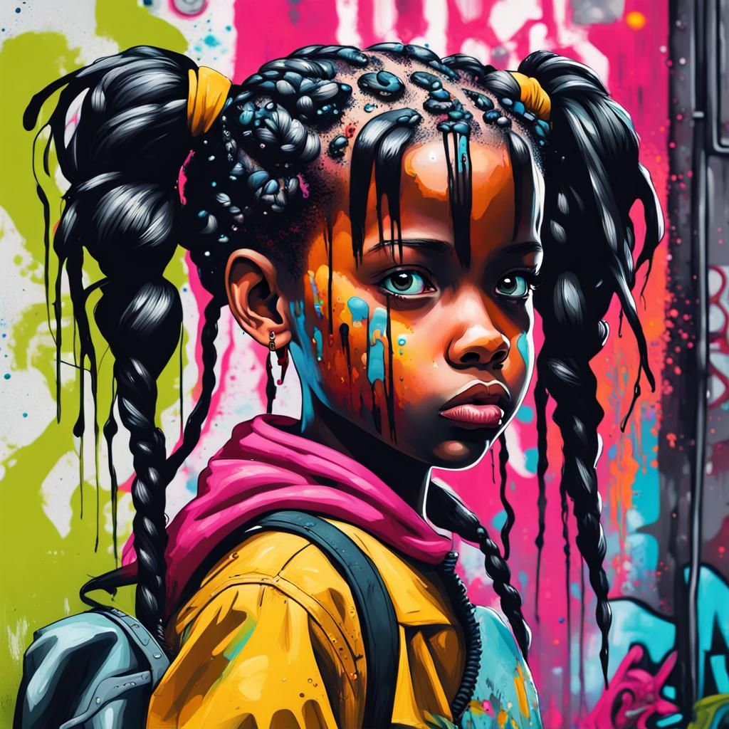 Dystopian Cityscape: Girl with Pigtails in Graffiti Art