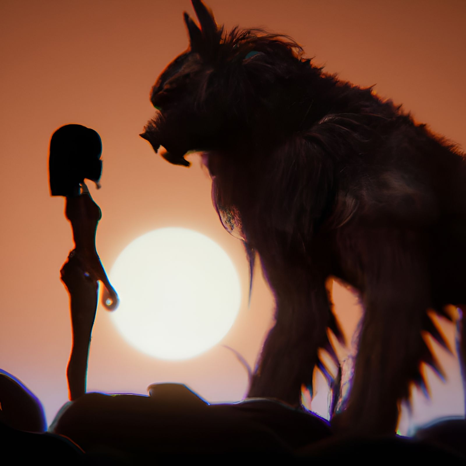 African Warrior Confronts Demonic Werewolf Silhouette