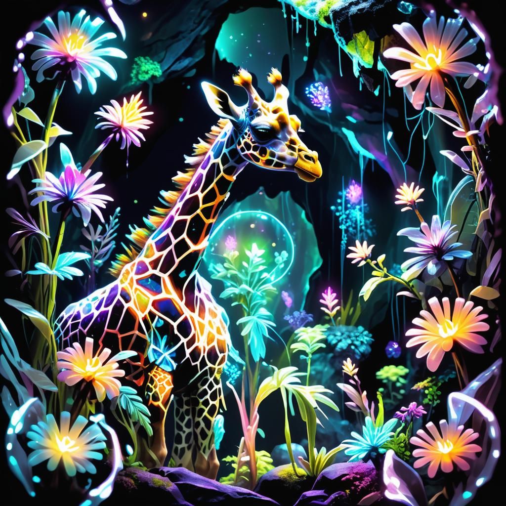 Bioluminescent Giraffe Creature in Crystal Cave