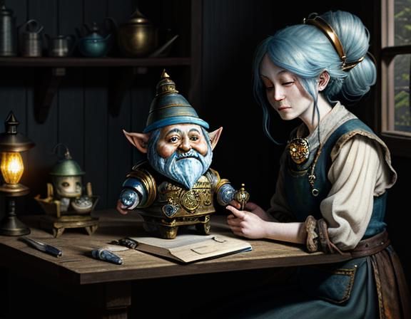 Gnome Repairs Automaton: Dark Fantasy Illustration
