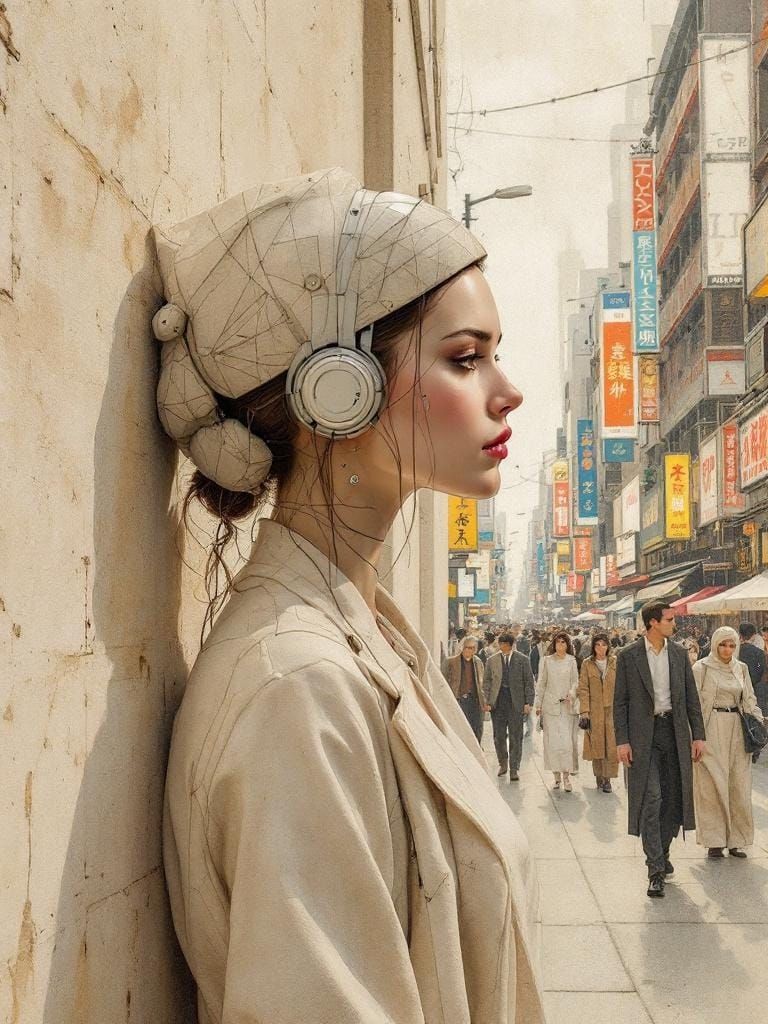 Cyberpunk Woman in Tokyo as Fresco Painting