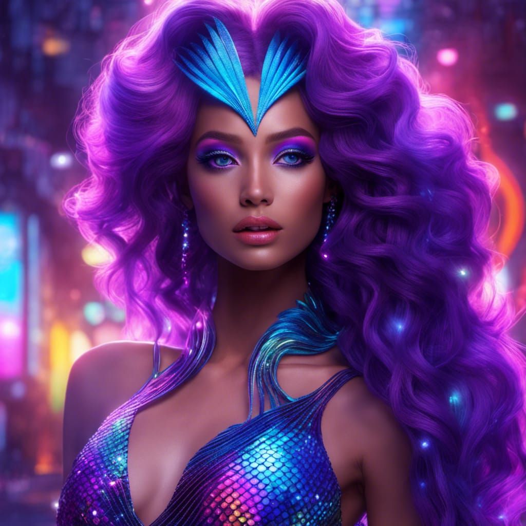 Alluring 3D Mermaid in Neon Futuristic City
