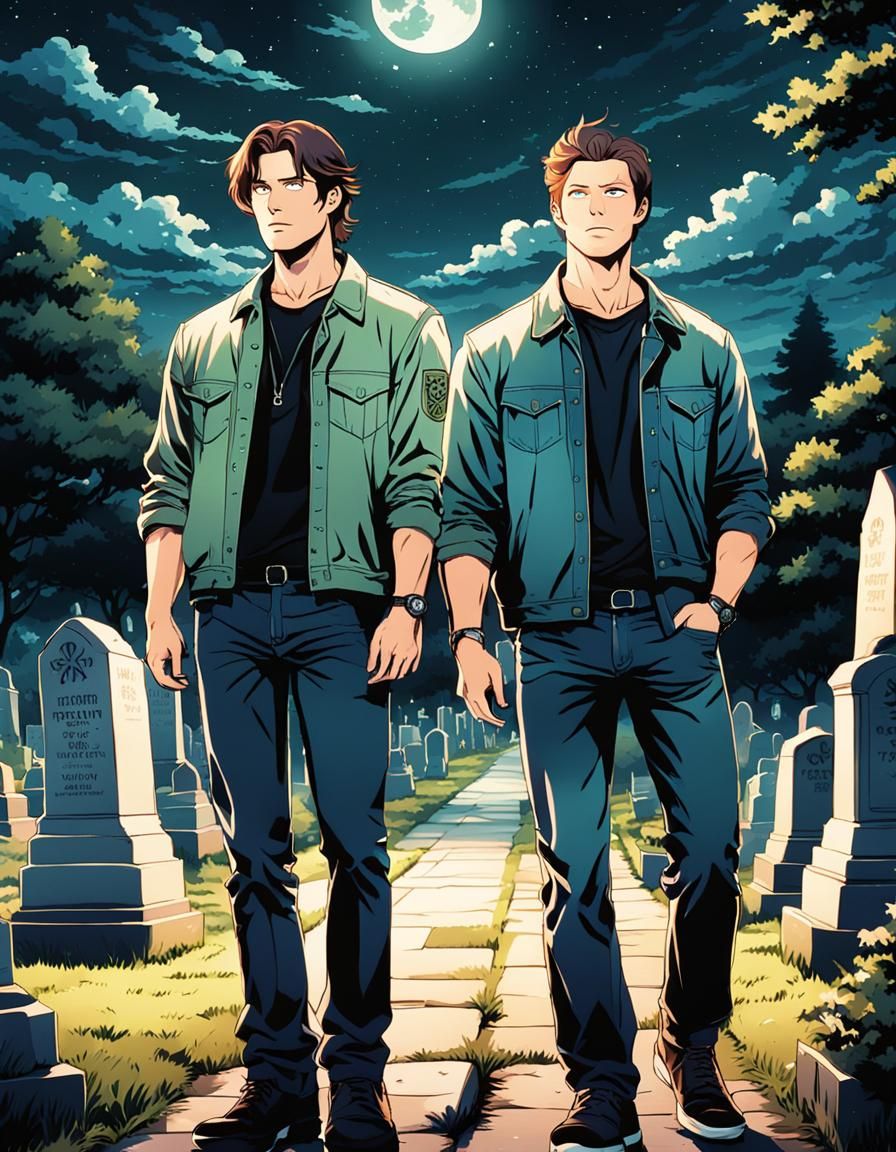 Brothers in Cemetery Under Starry Anime Sky