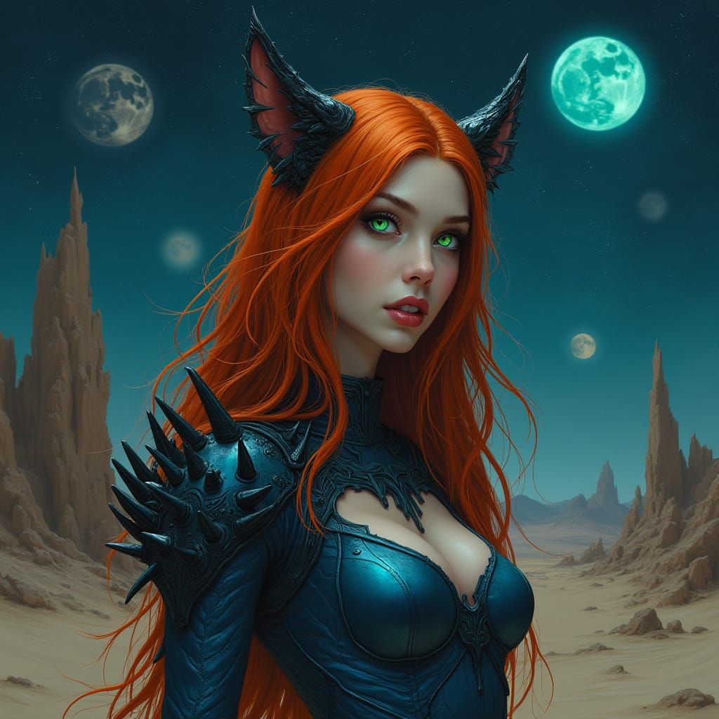 Alien Princess with Fiery Hair in Starry Night Landscape