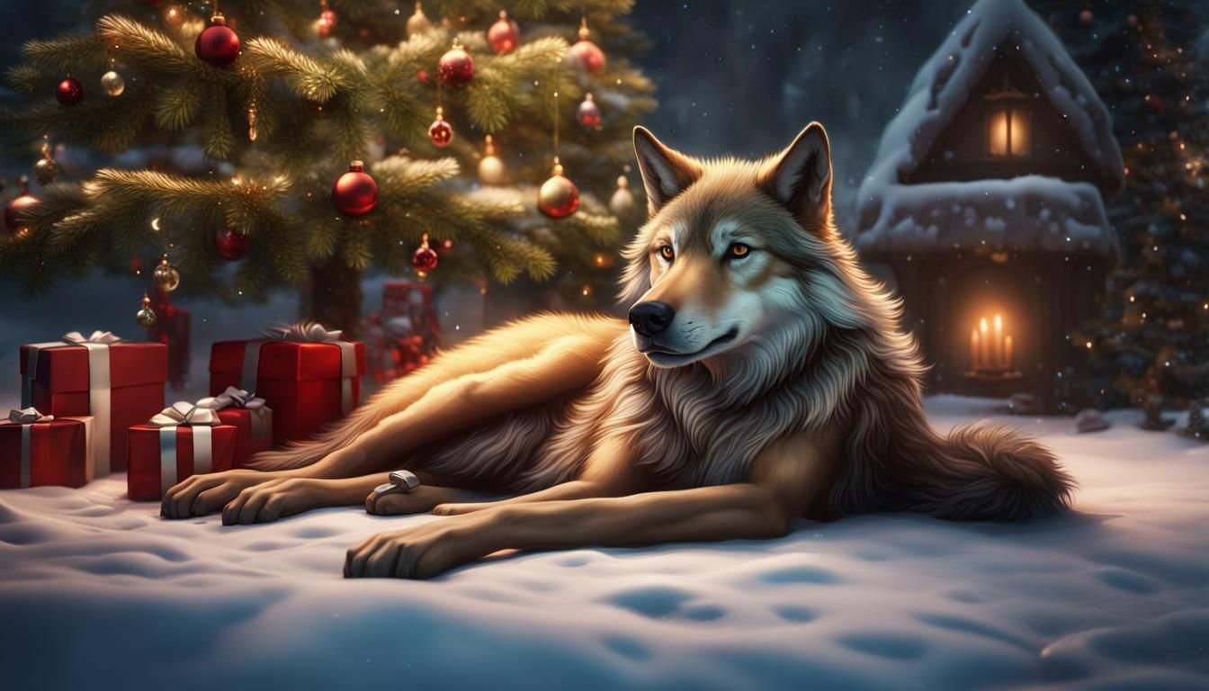 Tan Wolf Celebrates Christmas: Detailed Matte Painting
