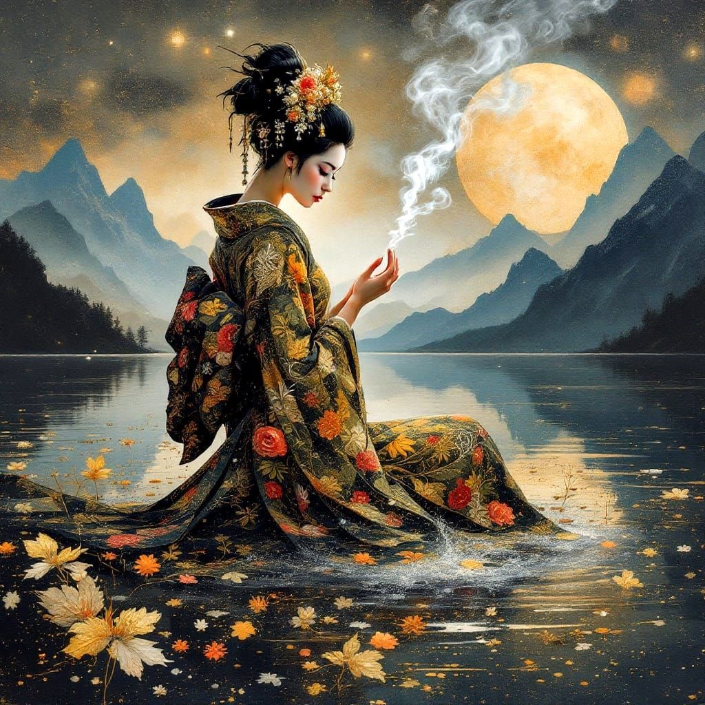 Surreal Geisha in Ethereal Dance, Inspired by Hokusai