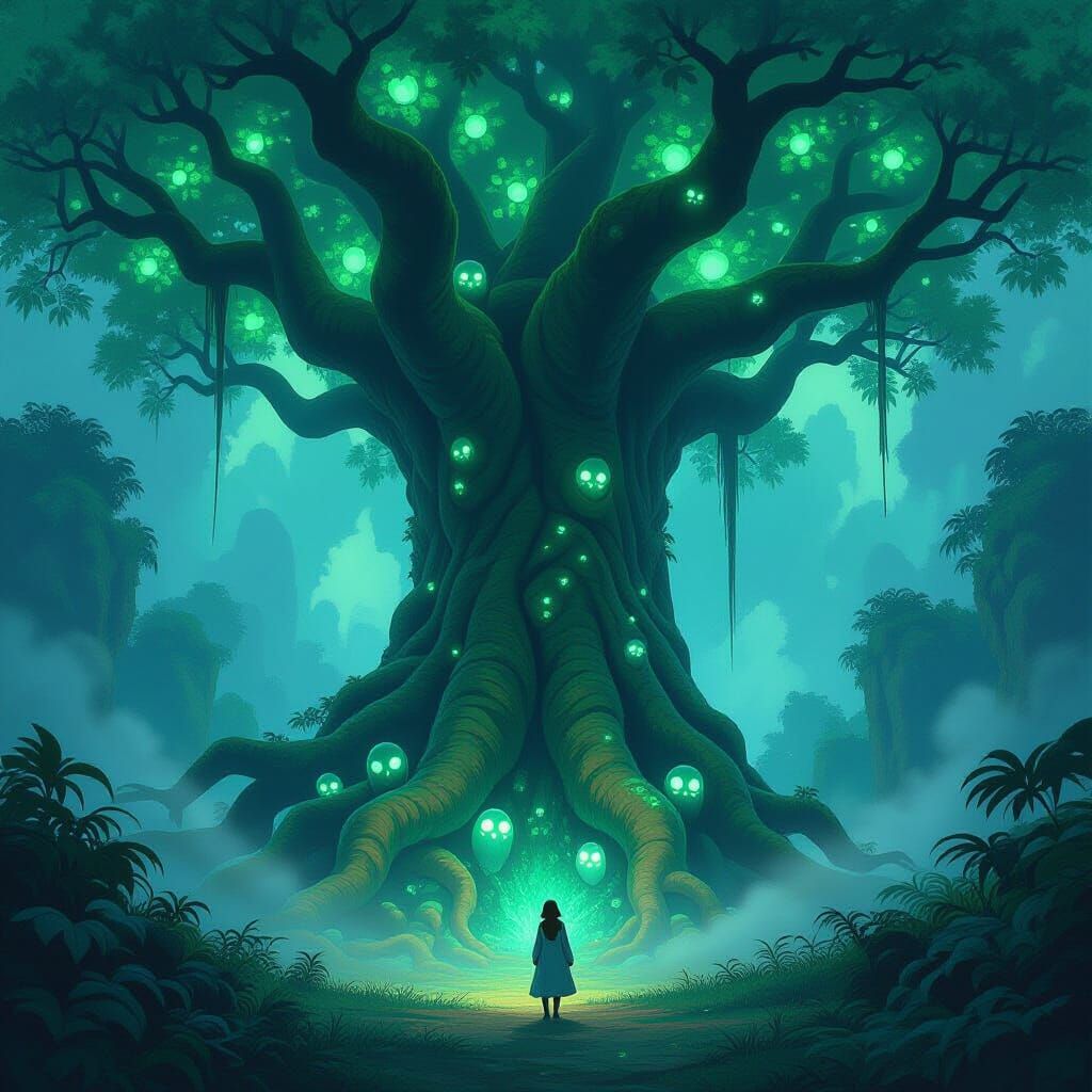 Ancient Bioluminescent Tree in Mystical Jungle Clearing