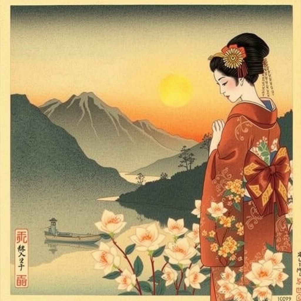 Geisha at Sunset: Ukiyo-e Woodblock Print
