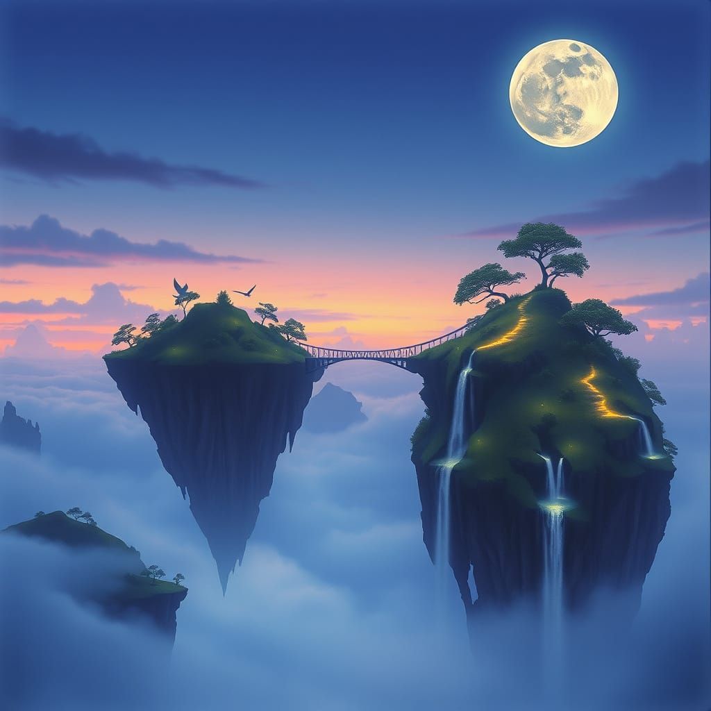 Twilight Floating Islands with Bioluminescent Bridges