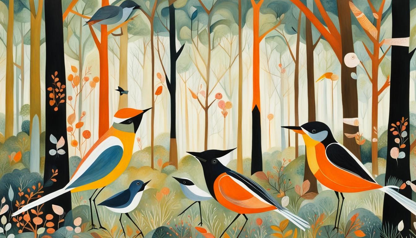 Birds in Forest Glade, Art Nouveau Style