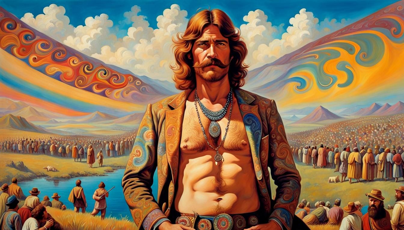 Woodstock Hippie Scene Painting Inspired by Waterhouse