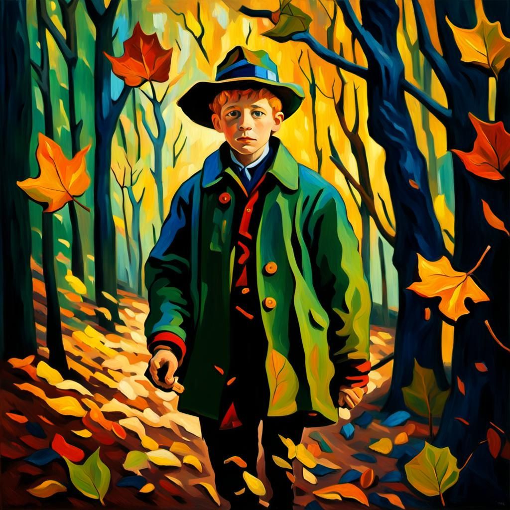 Boy Playing in Autumn Forest, Van Gogh Style