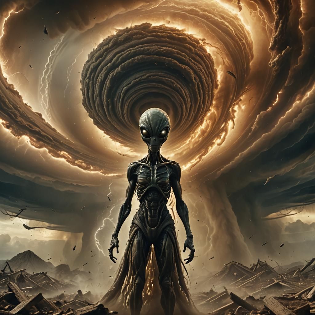 Alien in Tornado: A Cinematic Film Still