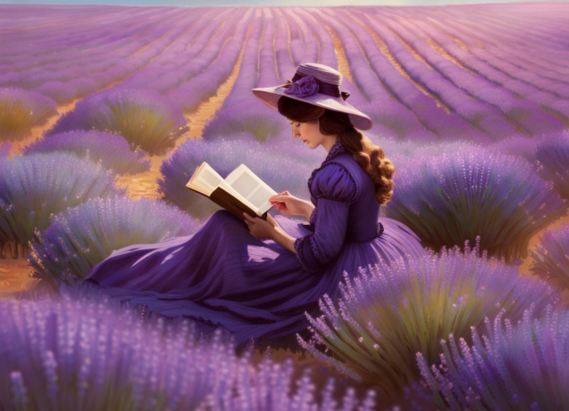 Woman Reading in Lavender Field: Impressionist Matte Paintin...