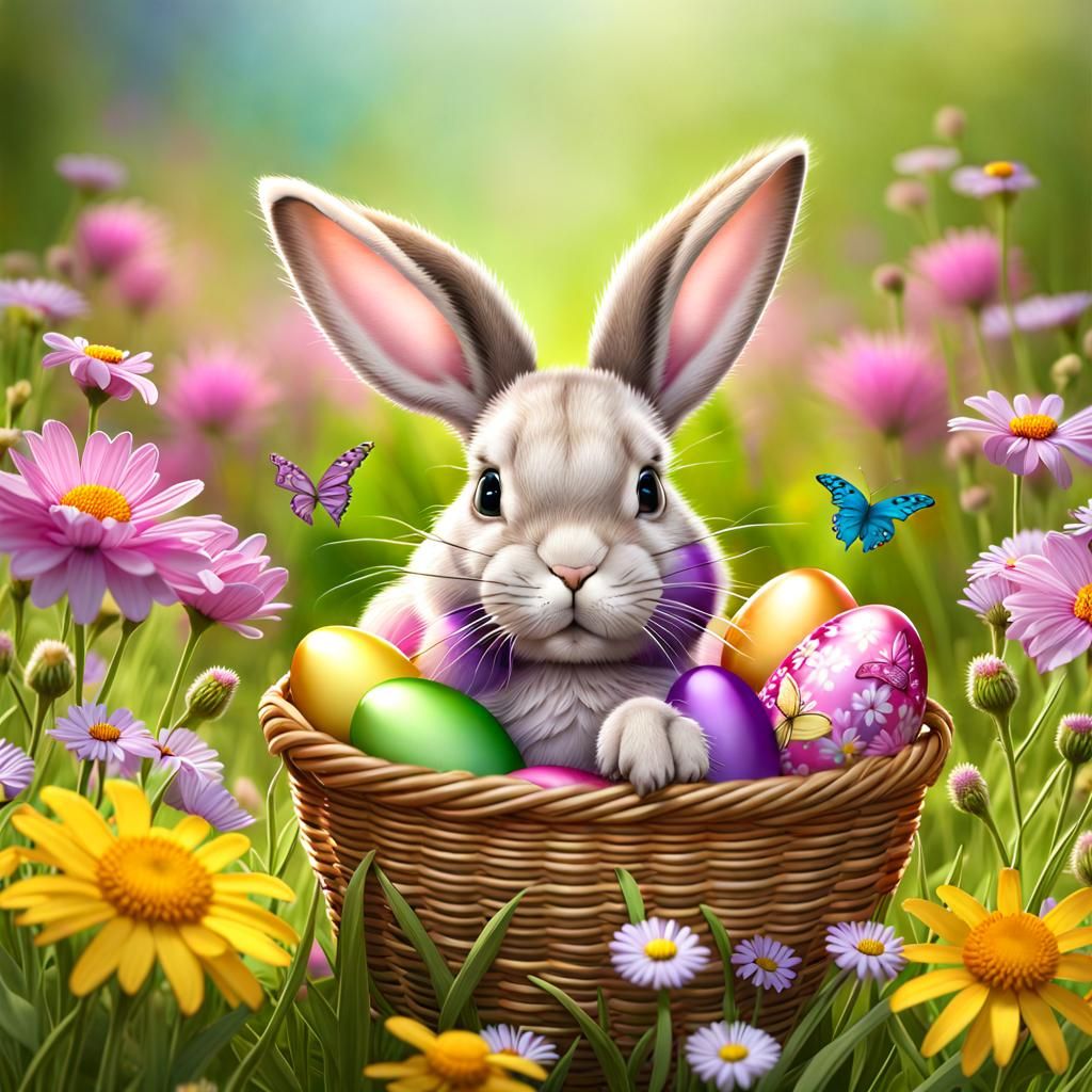 Adorable Bunny with Easter Basket in Flower Field