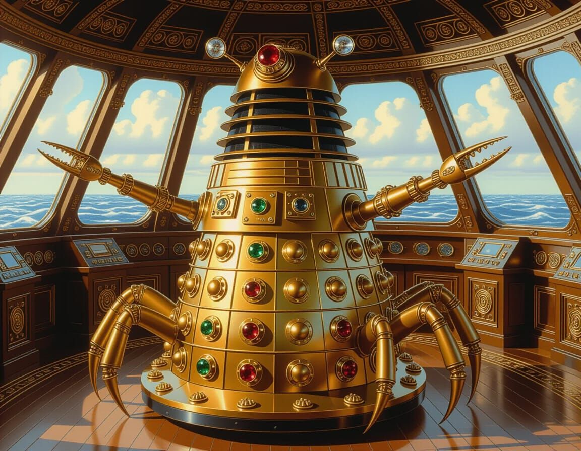 Golden Dalek Commander on Saucership Bridge in Oil Painting