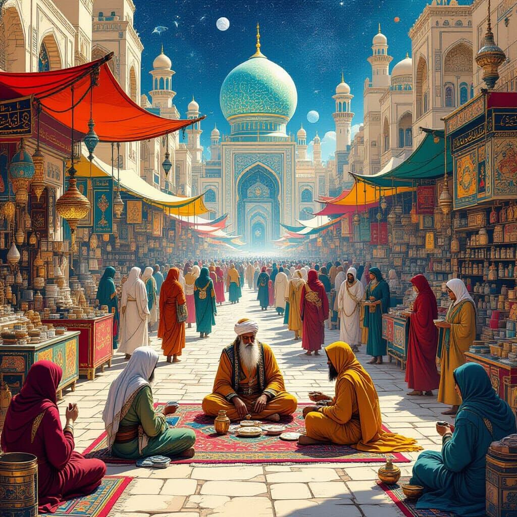 Bustling Alien Bazaar with Sufi Mystic in Miniature Style