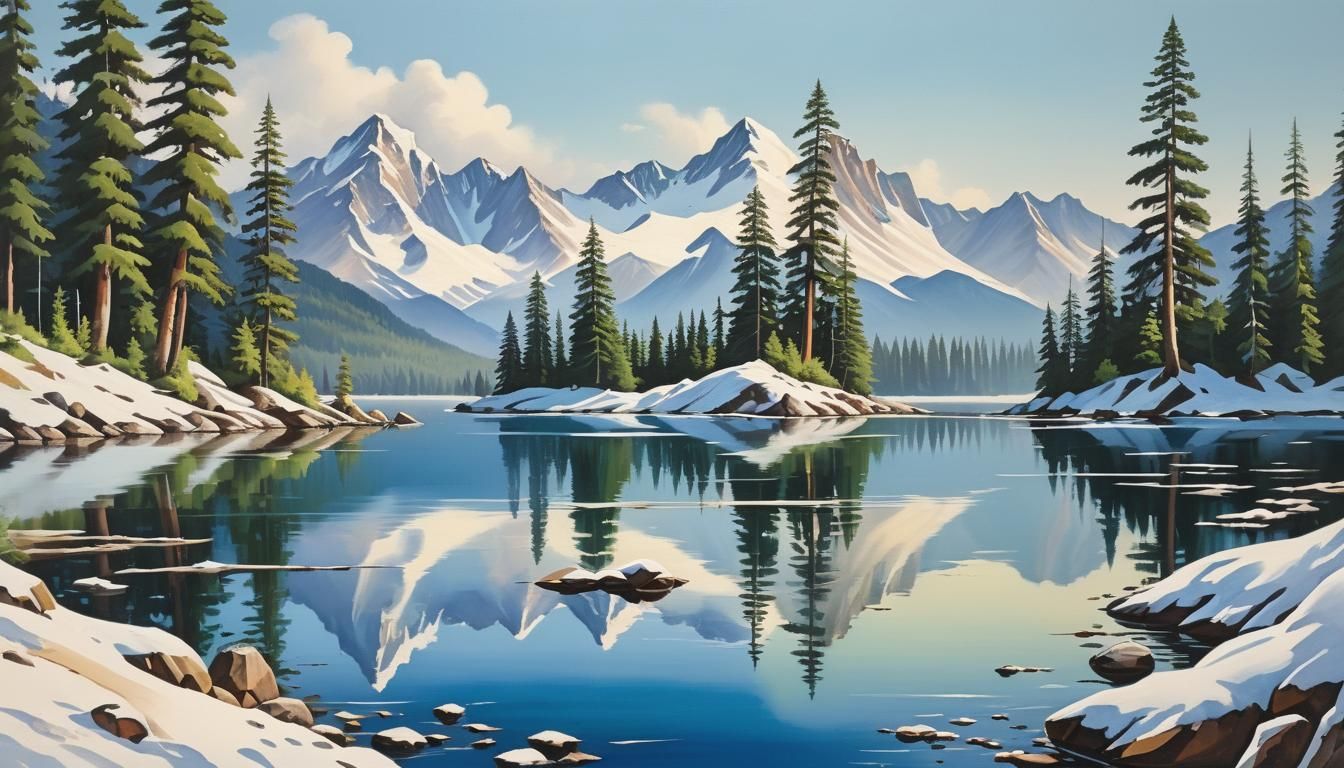 Snowy Mountains Reflected in Lake: Gouache Painting