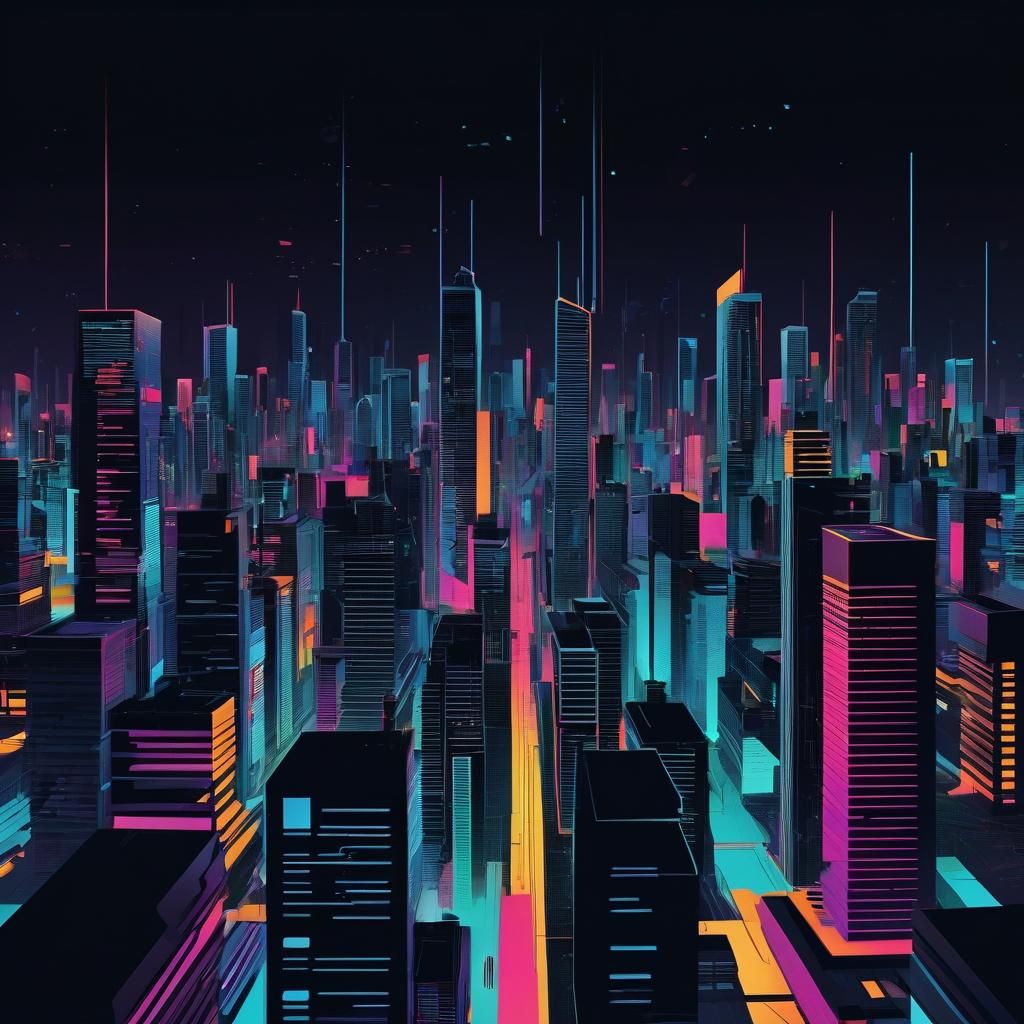 Futuristic Cityscape in Minimalist Abstract Vector Art