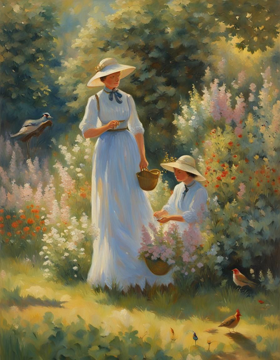 Woman Feeding Birds in Garden, Oil Painting