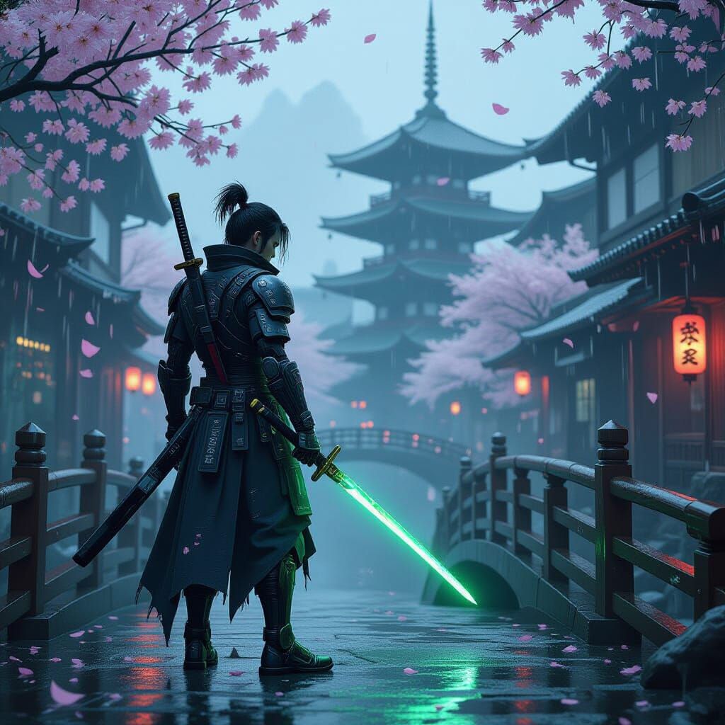 Cybernetic Ronin in Cyberpunk Kyoto with Glowing Katana