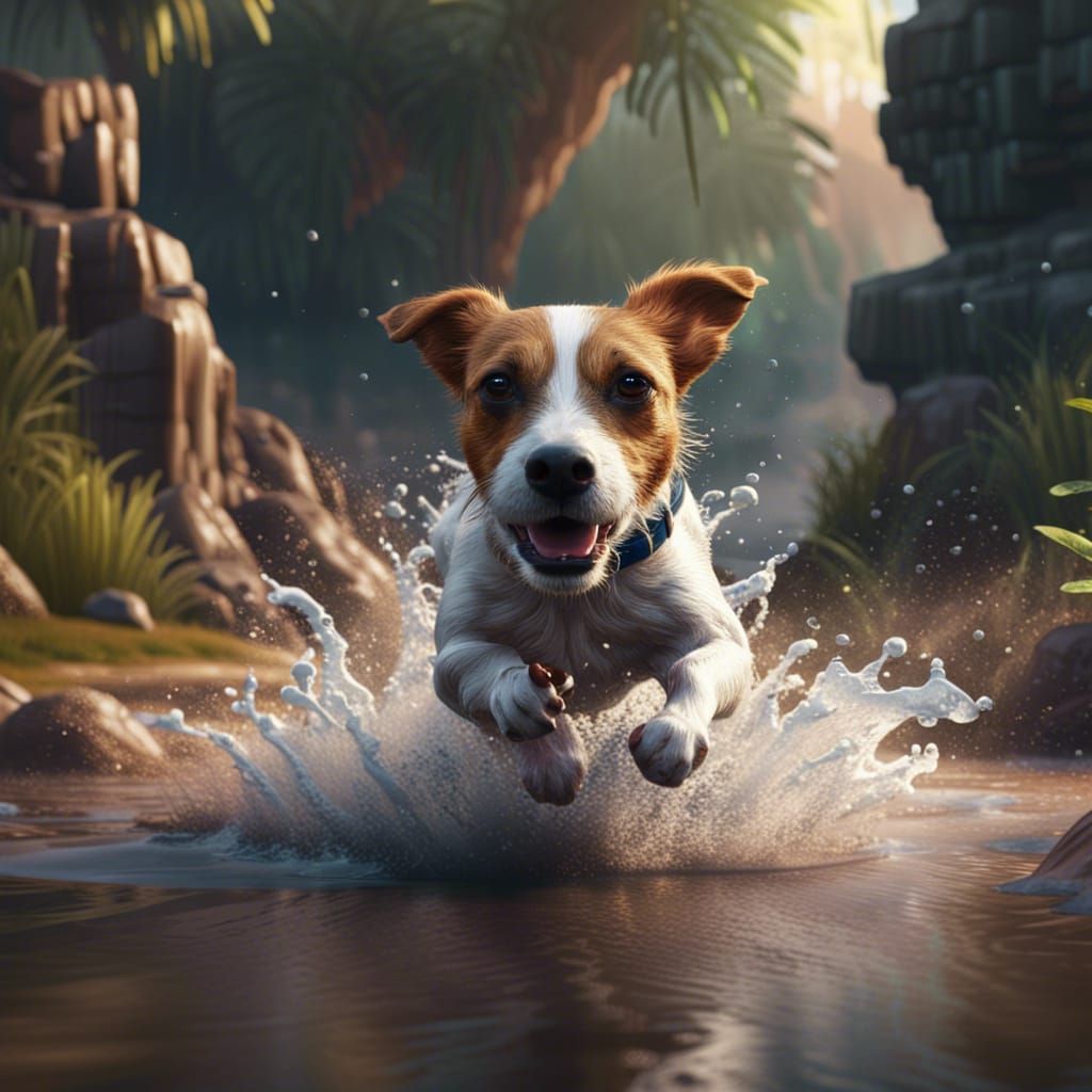 Jack Russell Terrier Splashing in Waterhole: Digital Art