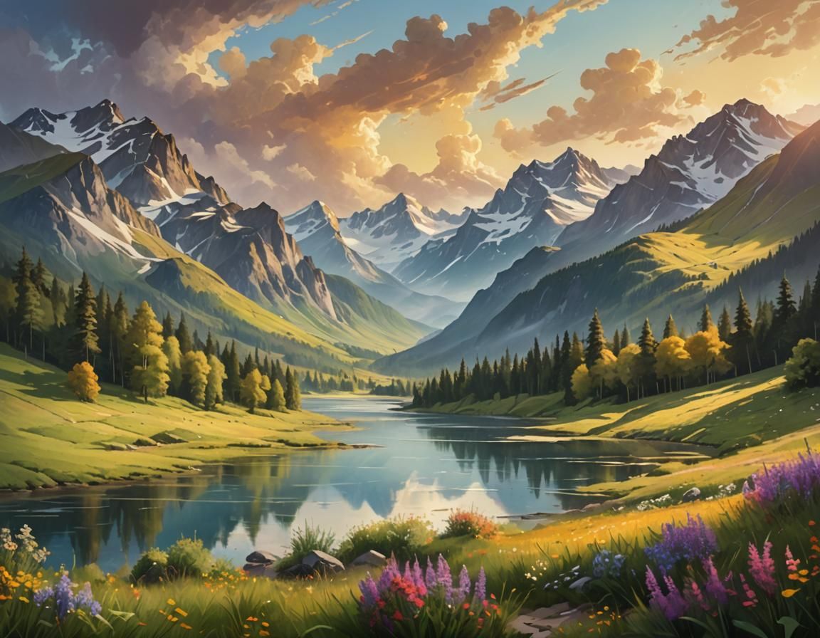 Majestic Mountain Valley Landscape in Oil Painting Style