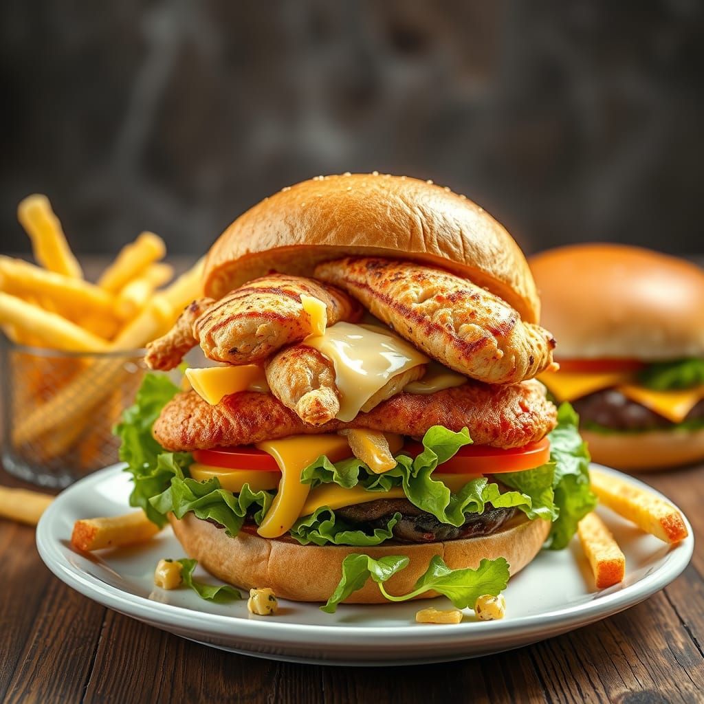 Hyperrealistic Feast: Chicken Salad and Burger