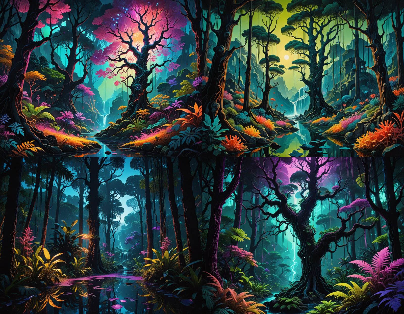Mystical Jungle Radiates Colorful Energy under a Twisting Bl...